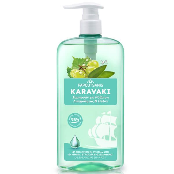 PAPOUTSANIS KARAVAKI ΣΑΜΠΟΥΑΝ 600ml - (ΡΥΘΜΙΣΗ ΛΙΠΑΡΟΤΗΤΑΣ και DETOX) (ΑΝΤΛΙΑ) – Παπουτσάνης – Σαμπουάν