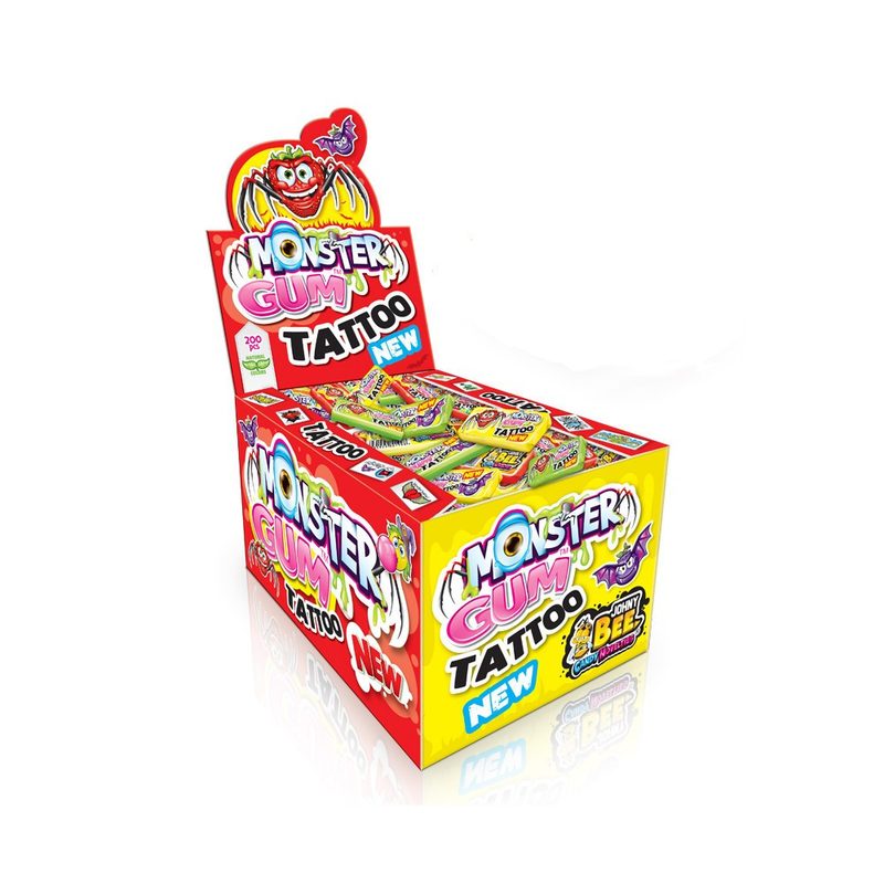 JOHNY BEE Monster gum τσίχλα+tattoo display 200τεμ – Καραμέλες, Γλειφιτζούρια και Τσίχλες