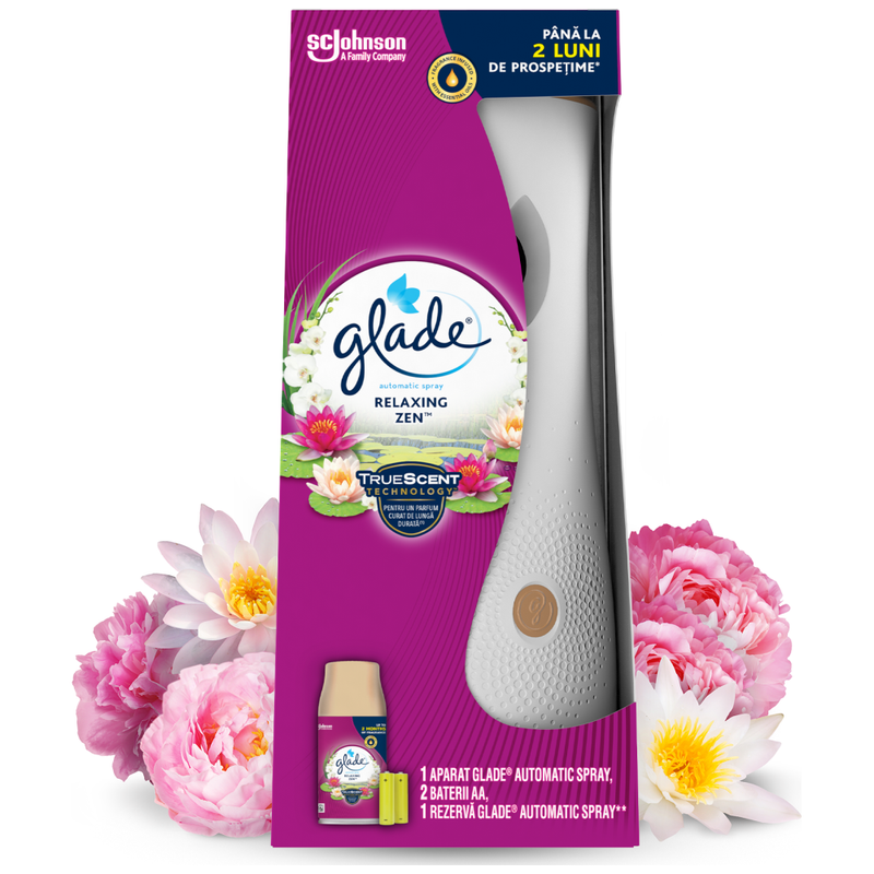 GLADE συσκευή αυτόματου ψεκασμού relaxing zen με ανταλλακτικό αποσμητικό χώρου 269ml – Αρωματικά Χώρου