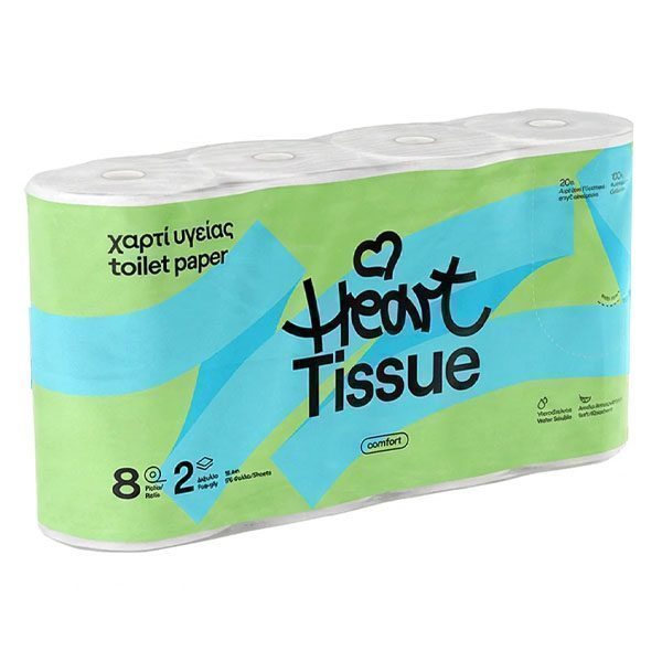 HEART TISSUE ΧΑΡΤΙ ΥΓΕΙΑΣ 2φυλλο 65gr. - (8 ΡΟΛΑ) (DECO) – Χαρτιά Υγείας