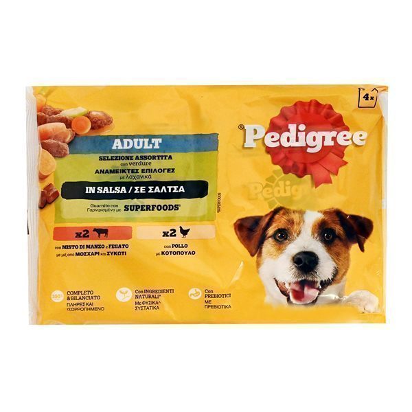 PEDIGREE σκυλοτροφή φακελάκι με μοσχαρi, συκωτι και λαχανικα 4x100gr – Υγρή Τροφή Σκύλων