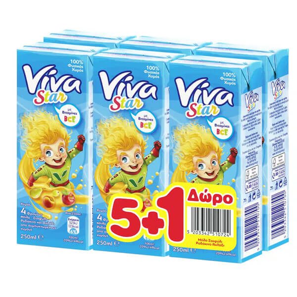 VIVA χυμός star 100% φυσικός με σταφύλι, μήλο, ροδάκινο και αχλάδι 6x250ml – Χυμοί