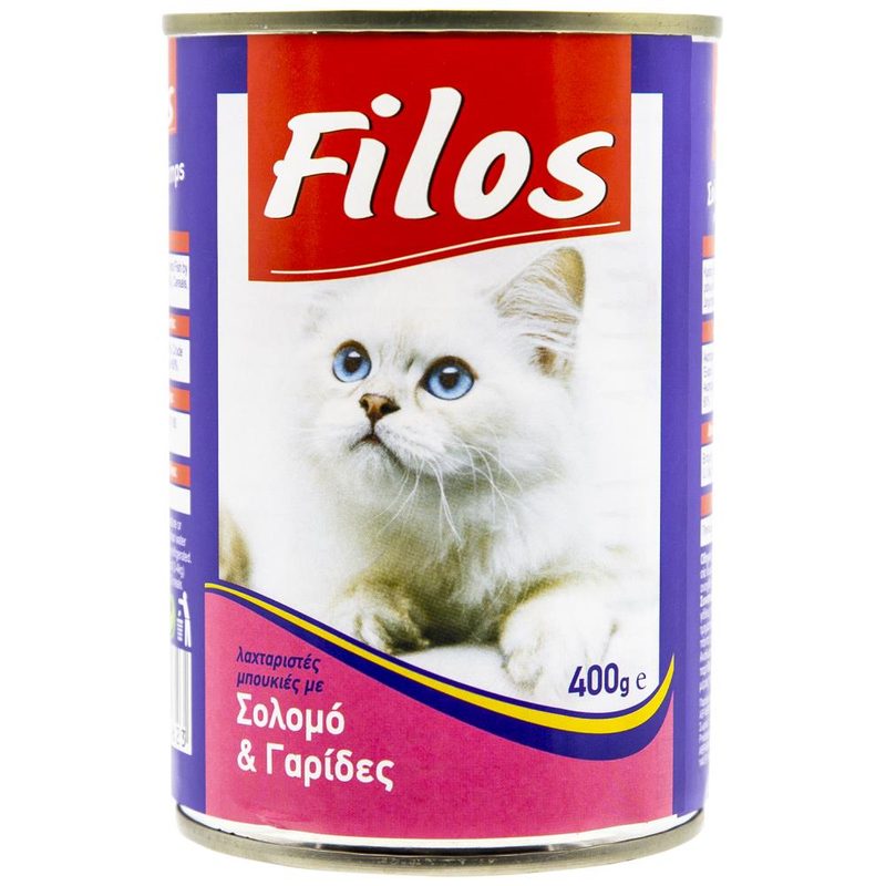 FILOS γατοτροφή με σολομό και γαρίδες 400gr – Υγρή Τροφή Γάτας