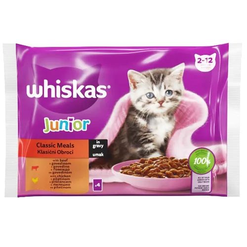 WHISKAS γατοτροφή υγρή junior pure delight βοδινό και κοτόπουλο 4x85gr – Υγρή Τροφή Γάτας