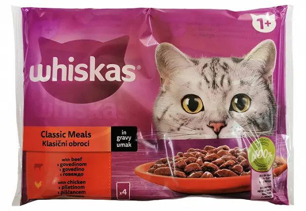 WHISKAS γατοτροφή πατέ κοτόπουλο και βοδινό 4x85gr – Υγρή Τροφή Γάτας