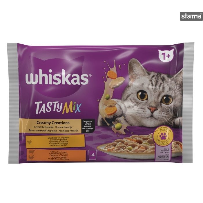 WHISKAS γατοτροφή υγρή tasty mix πατέ κοτόπουλο και αρνί-γαλοπούλα 4x85gr – Υγρή Τροφή Γάτας
