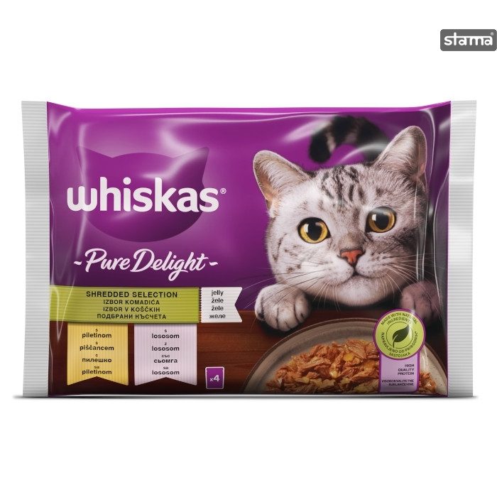 WHISKAS γατοτροφή υγρή pure delight κοτόπουλο και σολομός 4x85gr – Υγρή Τροφή Γάτας