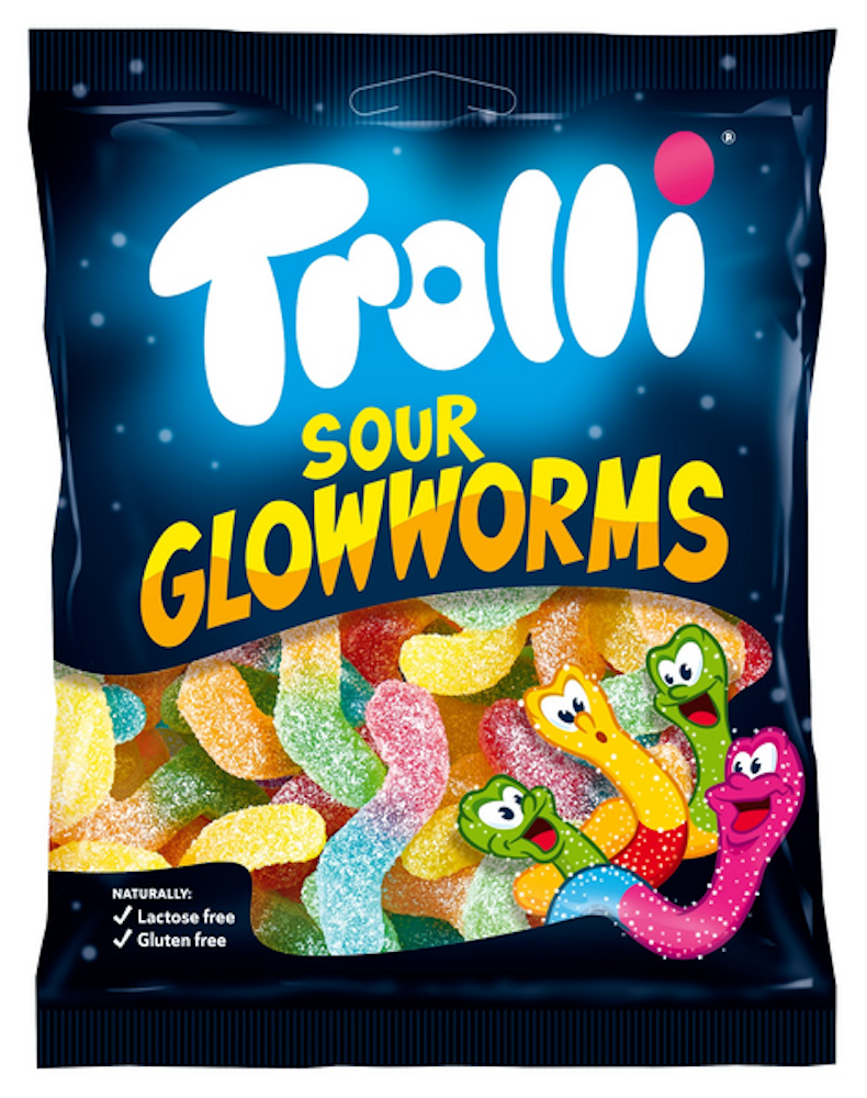 TROLLI ζαχαρωτά sour glowworms 100gr – Καραμέλες, Γλειφιτζούρια και Τσίχλες