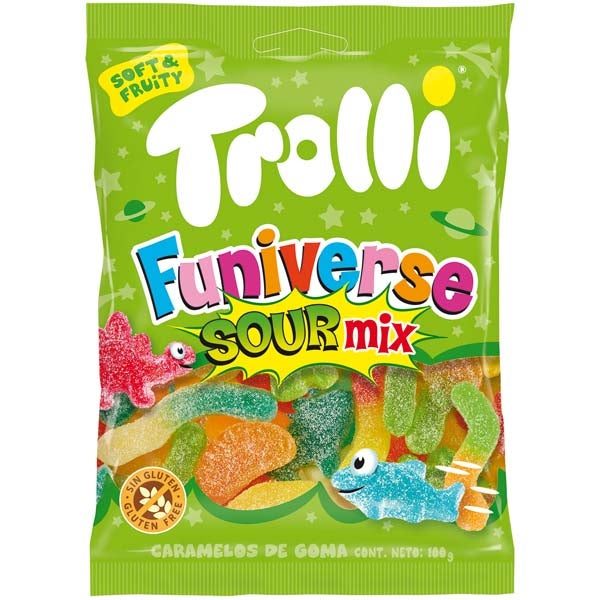 TROLLI ζαχαρωτά funiverses sour mix 100gr – Καραμέλες, Γλειφιτζούρια και Τσίχλες