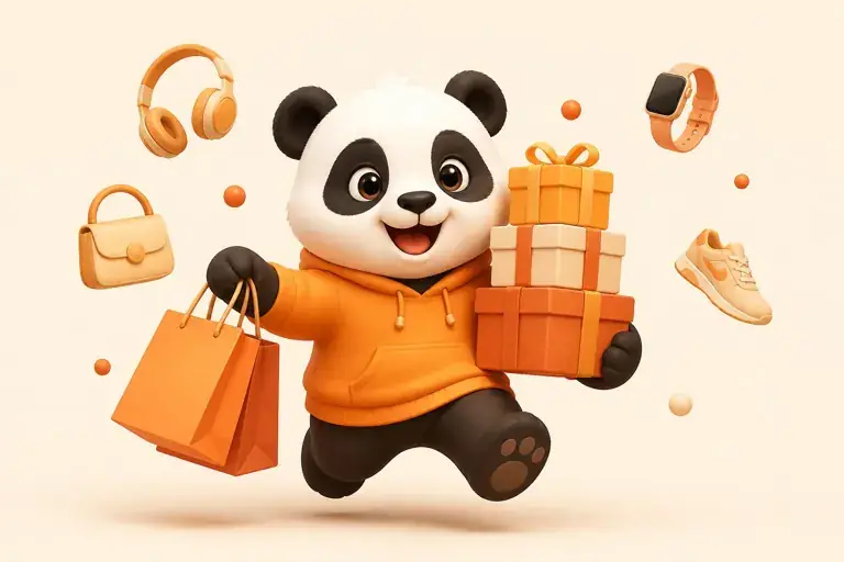 Ο MrPanda τρέχει με τσάντες αγορών και δώρα